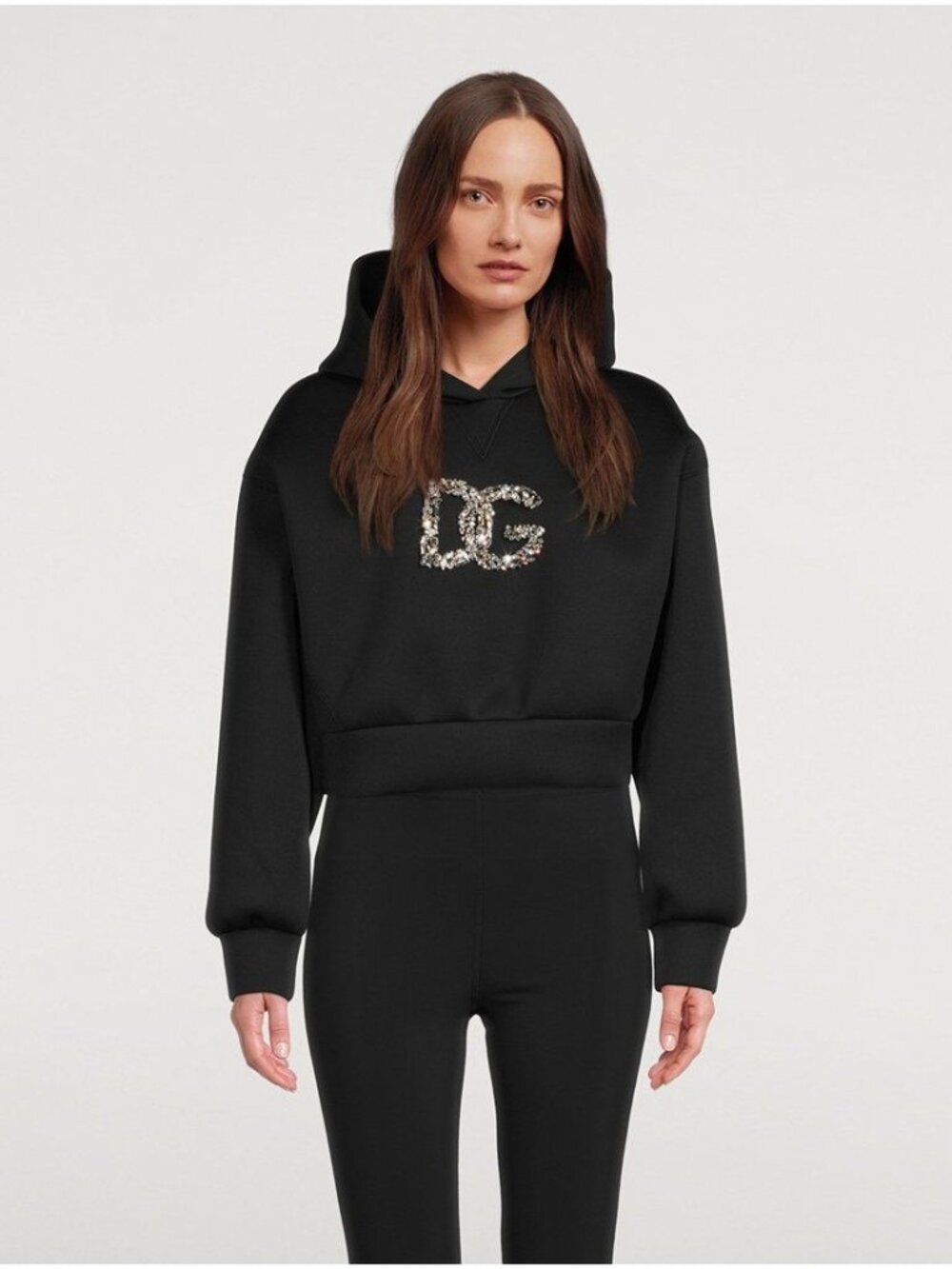 NWT $1825 Dolce & Gabbana Crystal Logo Cropped Neoprene Hoodie Black Size 4